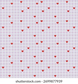 Seamless grid pattern with scattered red hearts. Ideal for Valentine’s Day, romantic packaging, textile prints, wrapping paper, digital backgrounds, and modern love-themed designs.