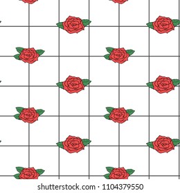 Seamless grid with red roses. Mesh pattern, graph paper background. Tee print. Modern fashion design for fabrics, t-shirt, wallpapers, wrapping papers, textile graphics, banner, card
