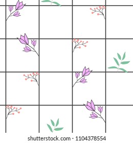 Seamless grid with spring flowers, leafs. Mesh pattern, graph paper background. Tee print. Modern fashion design for fabrics, t-shirt, wallpapers, wrapping papers, textile graphics, banner, card
