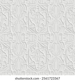 Seamless grid vector embossed 3d pattern with textured intricate sharp thorns, spikes. Modern repeat emboss 3d ornament. Endless grunge texture. Ornamental beautiful white background. Embossing effect