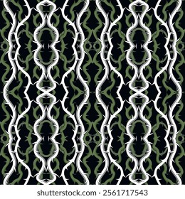 Seamless grid vector pattern with intricate sharp thorns in dark green and white colors on black background. Modern repeat ornaments. Fabric pattern. Endless texture.