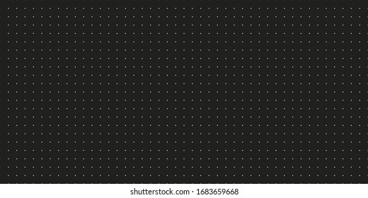 Seamless grid wireframe texture vector illustration. White dots on black background. Horizontal oriented dot grid paper background.