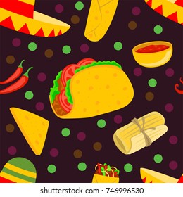 Seamless grilled hot dogs pattern for fast food design usage with cartoon colorful takeaway sandwiches with sausages in sliced buns,. Vector seamless pattern Illustration Template