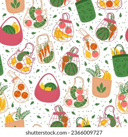 Seamless grocery bag pattern. Fruit and vegetables, organic products shopping. Decor textile, wrapping paper, wallpaper design. Print for fabric. Cartoon flat isolated vector concept