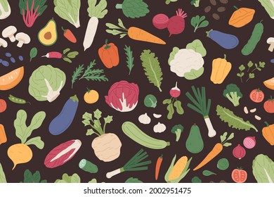 Patrón de comestibles sin foco con verduras frescas sanas y comida verde sobre fondo negro. Diseño de textura repetible interminable con diferentes verduras para la impresión. Ilustración vectorial plana de color