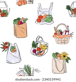 Seamless grocery shopping bags. Produce in various reusable shopping bags.