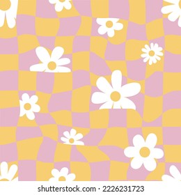 Seamless groovy checked and daisy pattern in 60s style. Hippy vector background. Colourful vintage textile, wrapping paper design.
