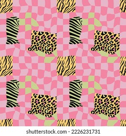 Seamless groovy checked pattern in 60s style. Hippy vector background. Colourful vintage textile, wrapping paper design.