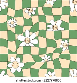 Seamless groovy checked and smiling daisy pattern in 60s style. Hippy vector background. Colourful vintage textile, wrapping paper design.