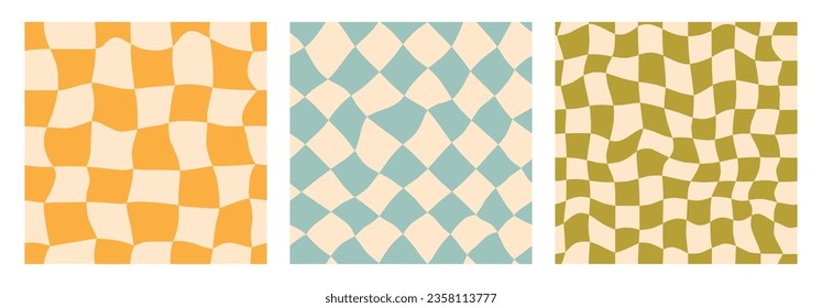 Seamless groovy checkerboard background set. Repeating retro wavy checkered pattern collection. Vintage psychedelic distorted gingham wallpapers. Twisted cage backdrop in 60s, 70s style. Vector pack