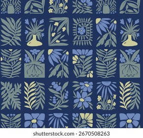 Seamless groovy linocut vector floral pattern with decorative botanical frames.
