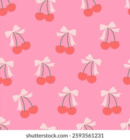 Seamless groovy pattern with cherries and coquette bows. Editable illustration for wrapping paper, packaging, fabric, room decor, phone case etc.