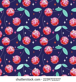 Seamless groovy pattern with cool mirror cherries. Hand drawn vector illustration. Cartoon style disco background.