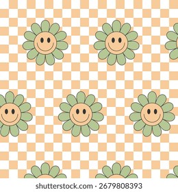 Seamless groovy pattern with green smiling flower on beige white checkered background, retro style vector design for textile and wrapping paper.