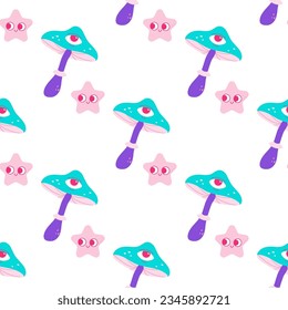 Seamless Groovy Pattern. Mushrooms, psychedelic, style, 70's