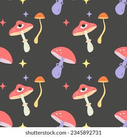 Seamless Groovy Pattern. Mushrooms, psychedelic, style, 70's