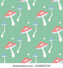 Seamless Groovy Pattern. Mushrooms, psychedelic, style, 70's