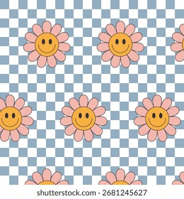 Patrón groovy sin fisuras con la flor sonriente rosada en el fondo a cuadros blanco azul, diseño de Vector del estilo retro para la materia textil y el papel de embalaje.