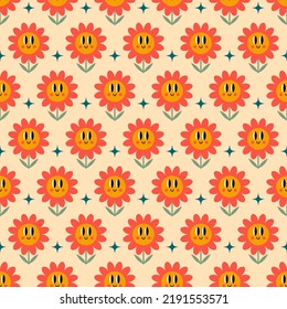 Seamless groovy pattern with retro cartoon flowers and stars. Retro 70s 60s hippie vector illustration on a beige background