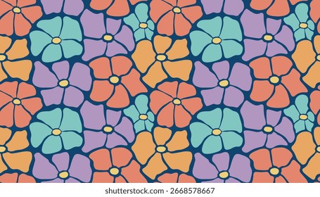 Seamless groovy pattern in retro hippie style with Matisse inspired flowers and floral motifs. Bold flat cartoon design perfect for textile, wrapping, wallpaper, or digital backgrounds.