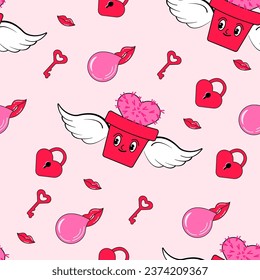 Seamless Groovy Valentines day Romantic Cactus with Wings. Cute Pink elements key, kiss and bubble gum. Retro valentines day. 70s 60s aesthetics. Happy Cartoon Smile