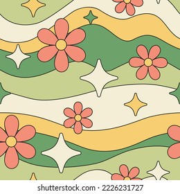 Seamless groovy wavy pattern in 60s style. Hippy vector background. Colourful vintage textile, wrapping paper design.