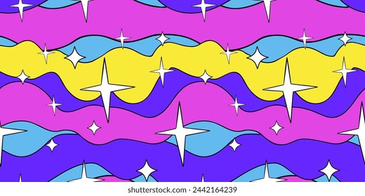 Seamless groovy wavy pattern with stars. 