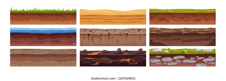 Seamless ground cross sections, underground textures set. Different soil layers under earth surface level with sand, clay, grass, stone, gravel. Flat vector illustrations isolated on white background