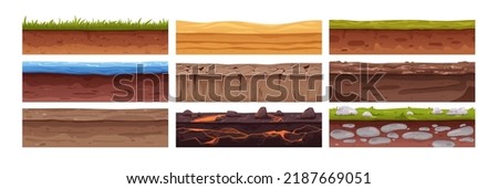 Seamless ground cross sections, underground textures set. Different soil layers under earth surface level with sand, clay, grass, stone, gravel. Flat vector illustrations isolated on white background