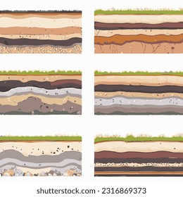 Seamless ground cross sections,layers under earth underground textures set. vector illustrations