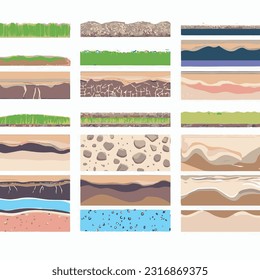 Seamless ground cross sections,layers under earth underground textures set. vector illustrations