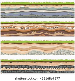 Seamless ground cross sections,layers under earth underground textures set. vector illustrations