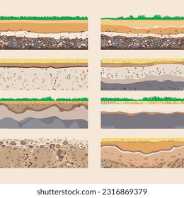 Seamless ground cross sections,layers under earth underground textures set. vector illustrations