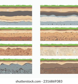 Seamless ground cross sections,layers under earth underground textures set. vector illustrations