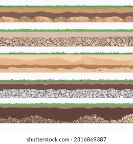 Seamless ground cross sections,layers under earth underground textures set. vector illustrations