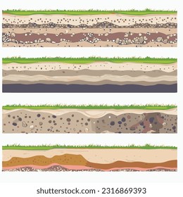 Seamless ground cross sections,layers under earth underground textures set. vector illustrations
