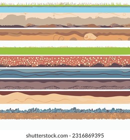 Seamless ground cross sections,layers under earth underground textures set. vector illustrations