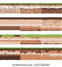 Seamless ground cross sections,layers under earth underground textures set. vector illustrations