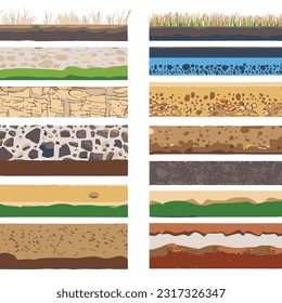 Seamless ground cross sections,layers under earth underground textures set. vector illustrations