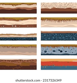 Seamless ground cross sections,layers under earth underground textures set. vector illustrations
