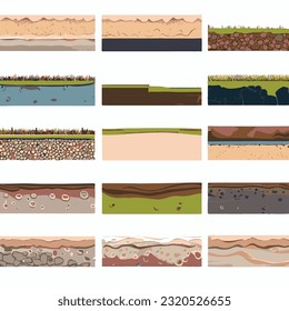 Seamless ground cross sections,layers under earth underground textures set. vector illustrations