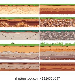 Seamless ground cross sections,layers under earth underground textures set. vector illustrations