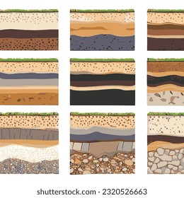 Seamless ground cross sections,layers under earth underground textures set. vector illustrations