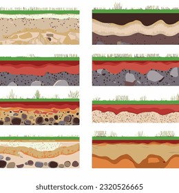 Seamless ground cross sections,layers under earth underground textures set. vector illustrations