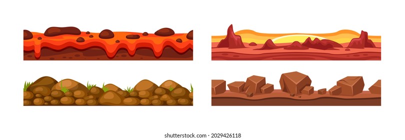 Seamless ground landscape layer set. Horizontal land and soil pattern with cliff, stones, boulders and volcanic lava. Foreground area with desert, sand, grass. Endless underground field cartoon vector