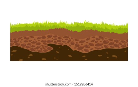 Seamless ground, soil and land vector image for UI games. Surface of ground, stone grass illustration.