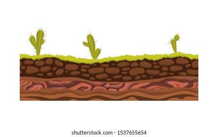 Seamless ground, soil and land vector image for UI games. Surface of ground, stone grass illustration.