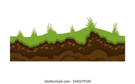 Seamless ground, soil and land vector image for UI games. Surface of ground, stone grass illustration.