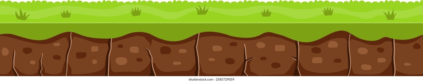 Seamless ground soil layer with green grass and stones shows layers of earth and dirt, useful asset for creating platformer or runner mobile game user interface element