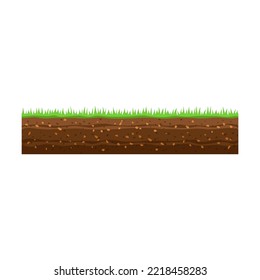 Seamless ground or soil vector illustration. Cartoon soil layer, earth or dirt with grass and stones, meadow on white background. Texture, geology, land surface ground concept